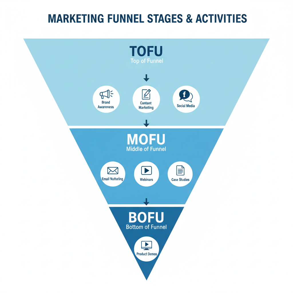 Funnel stage budget allocation diagram showing TOFU MOFU BOFU marketing activities