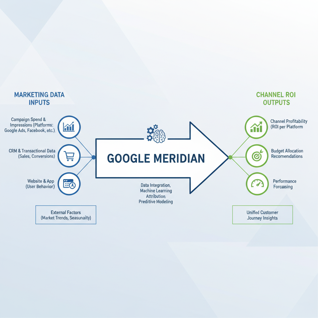 Google Meridian marketing mix model workflow showing data inputs and ROI outputs