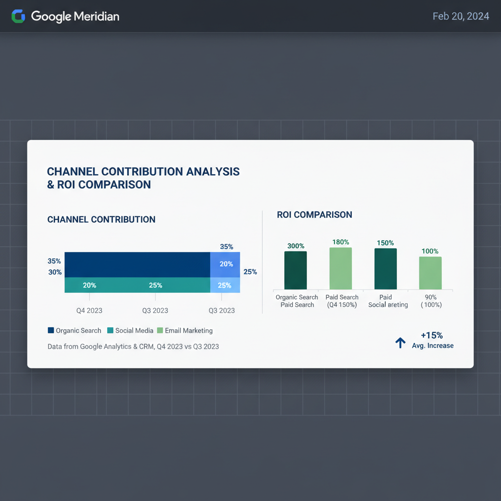 Google Meridian channel ROI analysis dashboard showing marketing mix model results