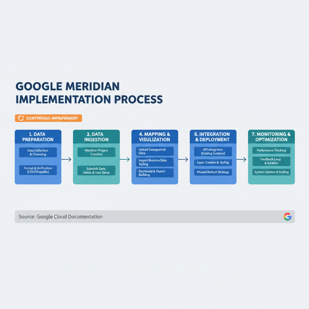Google Meridian implementation workflow with steps for data prep, modeling, and optimization