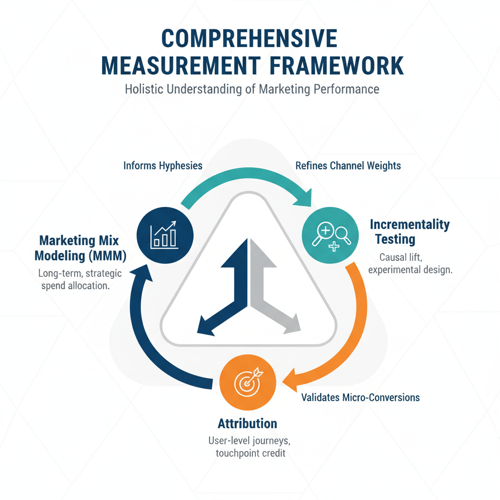 Marketing measurement triangle showing Google Meridian MMM combined with incrementality and attribution