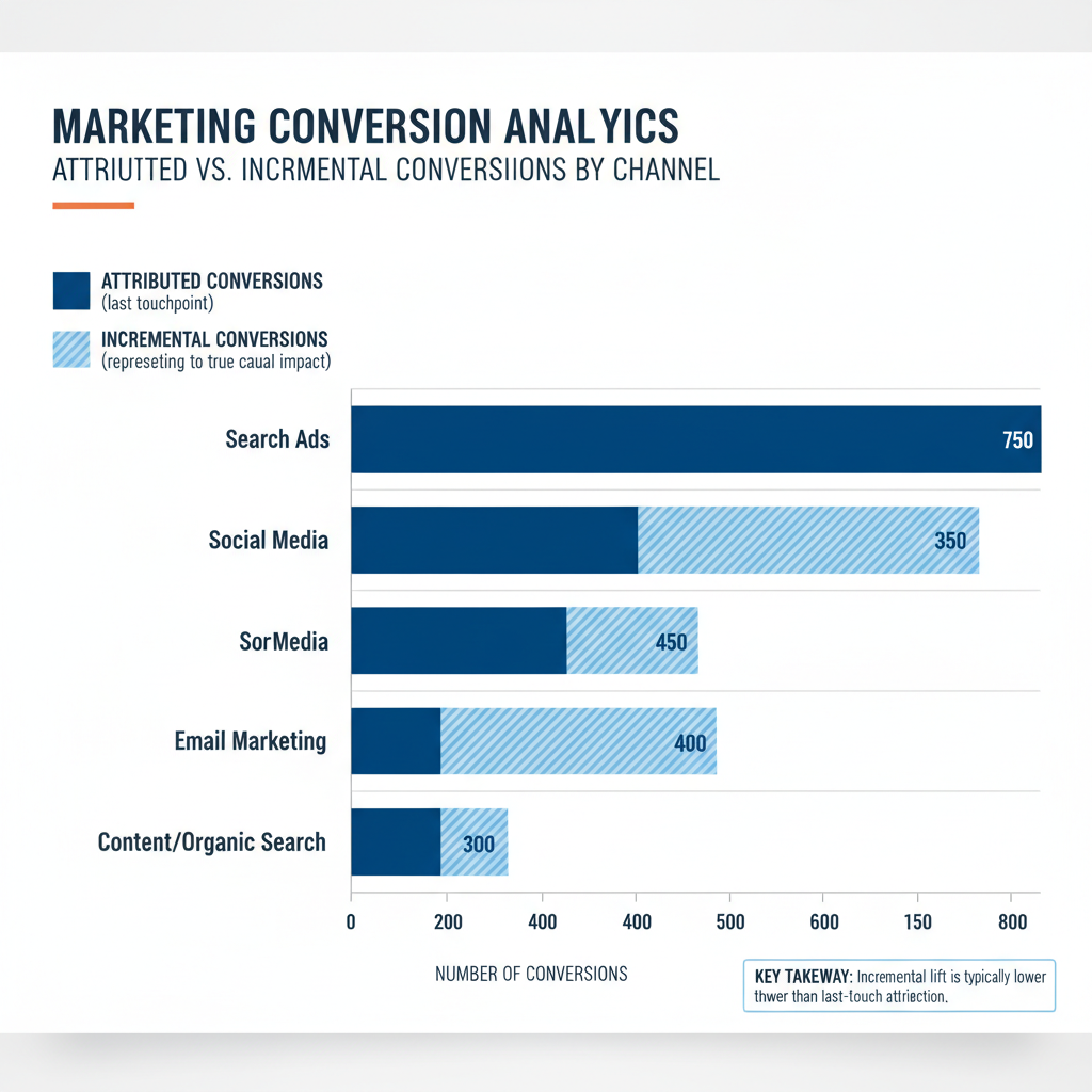 Marketing ROI analysis comparison showing attributed versus incremental conversions by channel