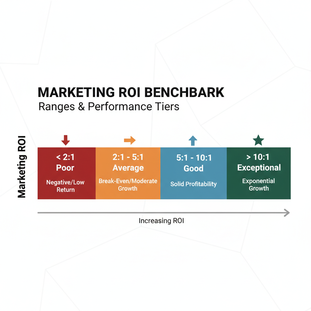Marketing ROI analysis benchmark scale showing performance ranges from poor to exceptional