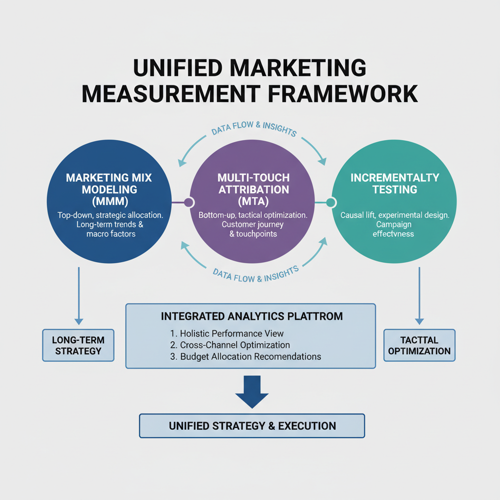 Unified marketing measurement framework showing measured.com alternatives combining MMM, MTA, and incrementality