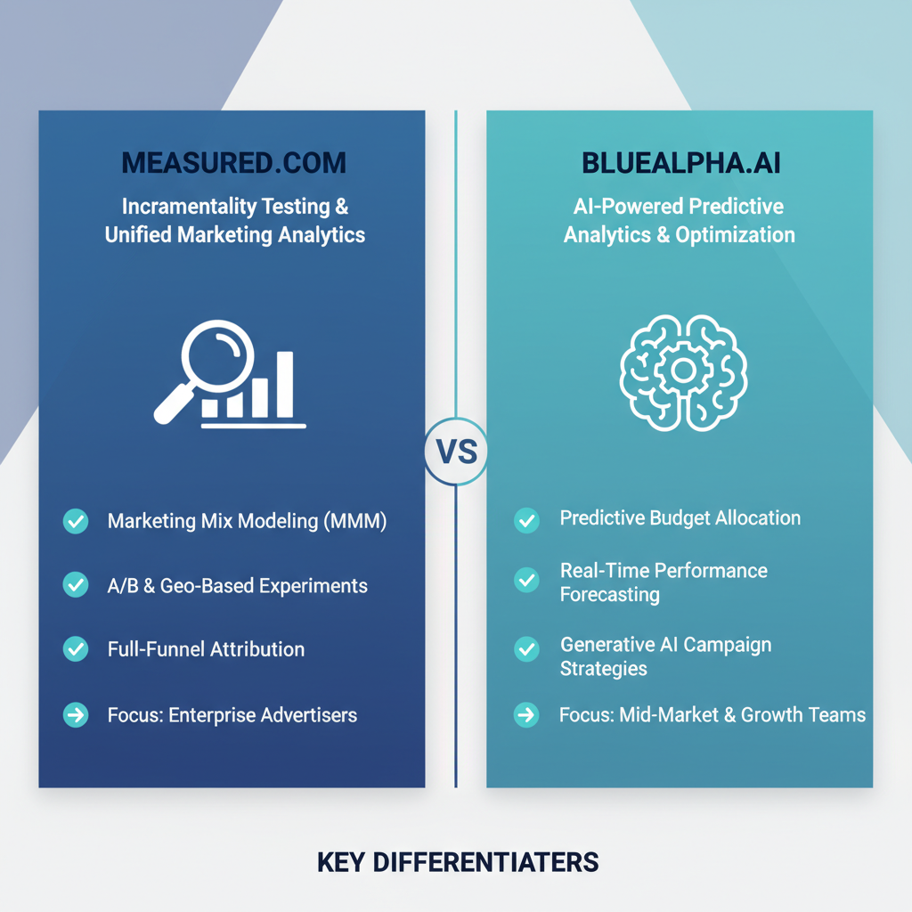 Measured.com vs BlueAlpha.ai comparison chart showing key platform differences for marketing measurement