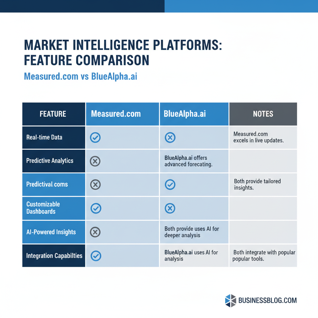 Detailed feature comparison matrix for Measured.com vs BlueAlpha.ai marketing measurement platforms
