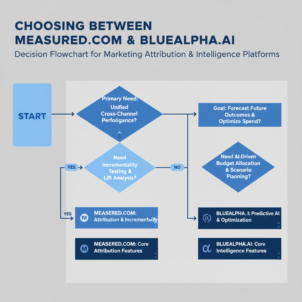 Decision flowchart helping marketers choose between Measured.com and BlueAlpha.ai measurement platforms