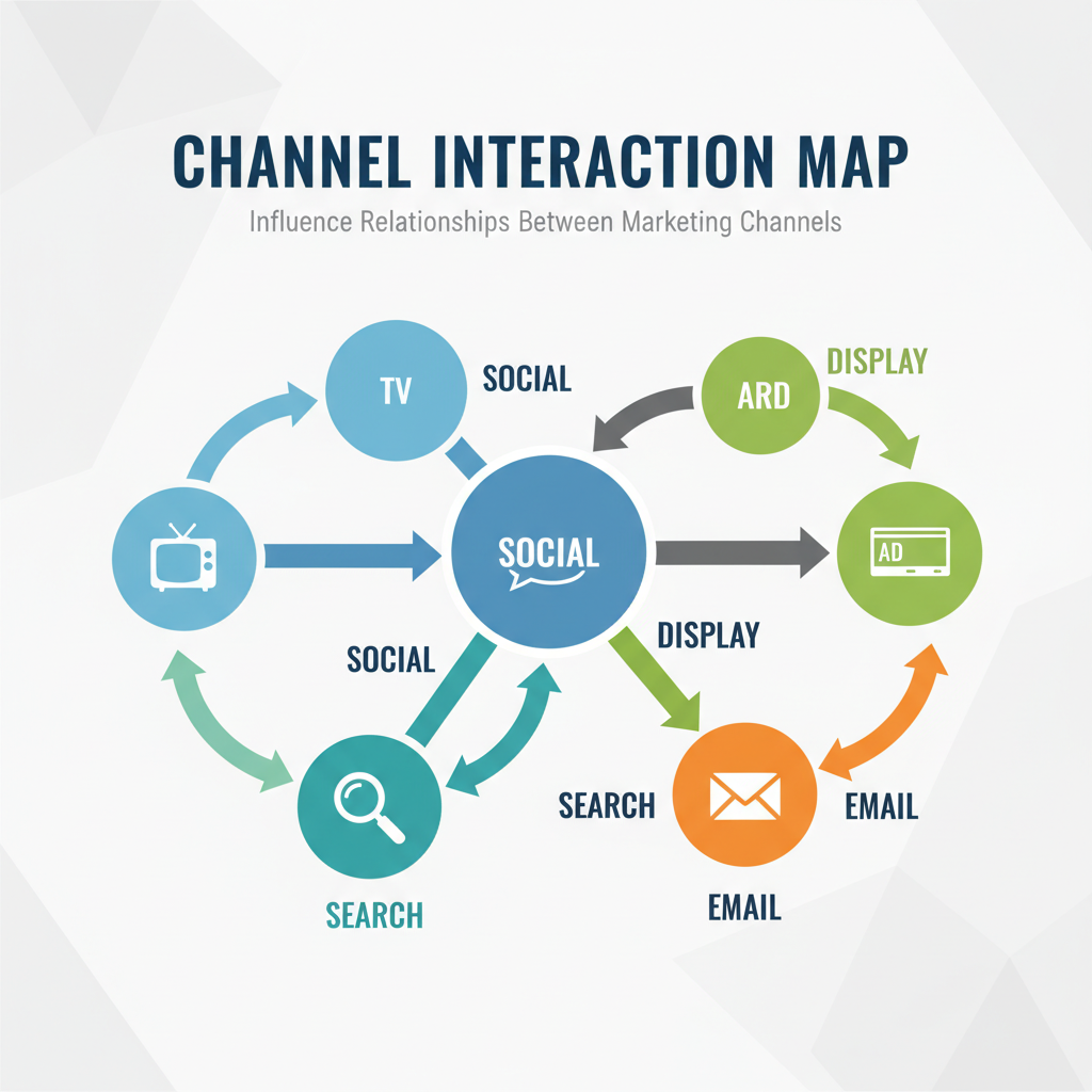 Cross-channel interaction map for media budget optimization showing how marketing channels influence each other