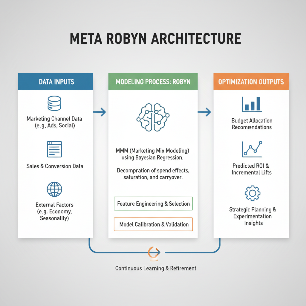 Meta Robyn marketing mix modeling architecture showing automated MMM workflow