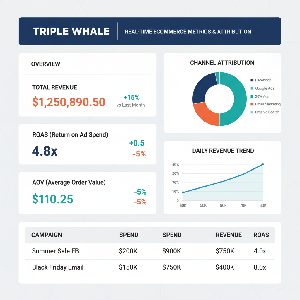 Triple Whale real-time dashboard displaying ROAS, attribution, and ecommerce analytics for DTC brands