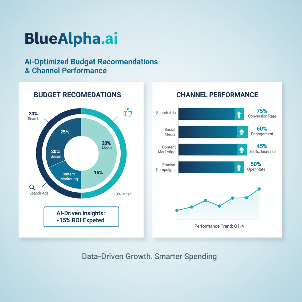 BlueAlpha.ai marketing mix modeling dashboard with AI-optimized budget allocation recommendations