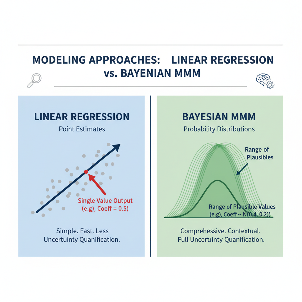 Bayesian vs traditional MMM comparison showing uncertainty quantification in media mix modeling